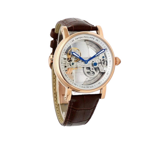 Branded Watch Automatic Rose Gold Transparent Dial Leather Strap